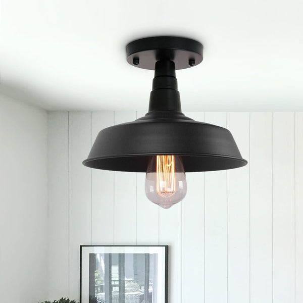 Thehouselights-1-Light Black Pot Lid Semi Flush Mount-Ceiling Light--