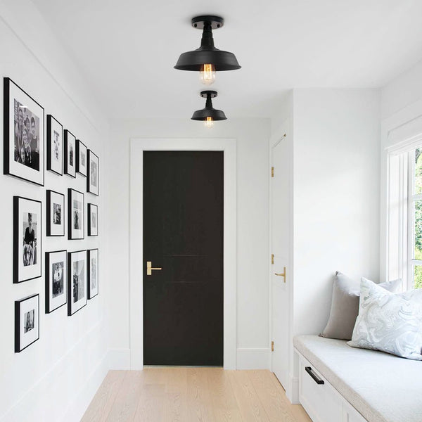 Thehouselights-1-Light Black Pot Lid Semi Flush Mount-Ceiling Light--