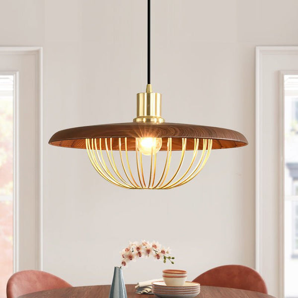 Thehouselights-1-Light Walnut Wood Dome LED Pendant Lighting-Pendant--