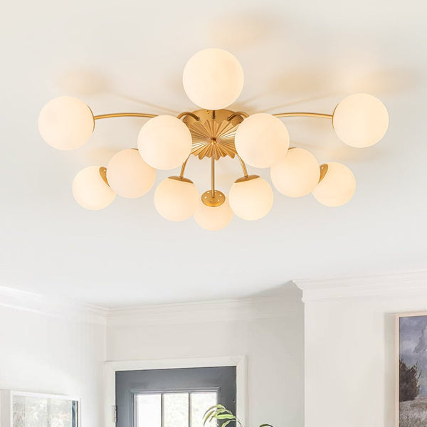 Thehouselights-12-Light Opal Glass Sputnik Semi Flush Chandelier-Chandelier--