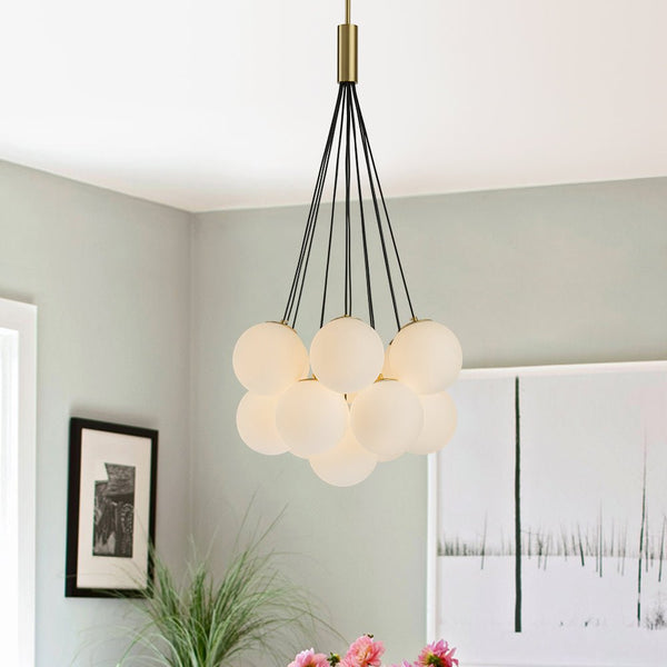 Thehouselights-13-Light Cluster Opal Glass Bubble Chandelier-Chandelier-Brass-