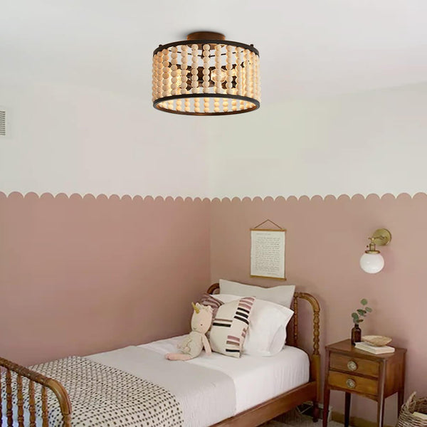 Thehouselights-3 Light Wood Beaded Round Semi Flush Mount-Ceiling Light-Black-