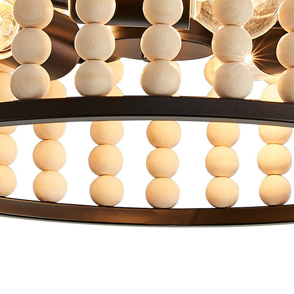 Thehouselights-3 Light Wood Beaded Round Semi Flush Mount-Ceiling Light-Black-