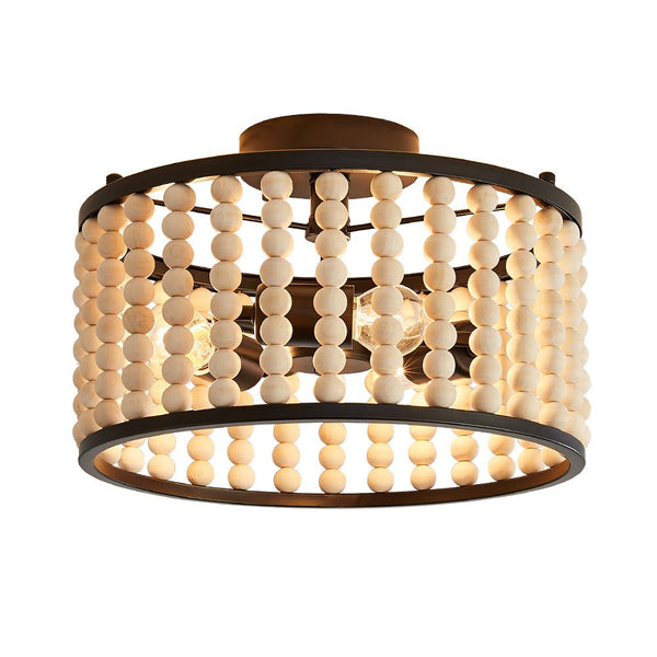 Thehouselights-3 Light Wood Beaded Round Semi Flush Mount-Ceiling Light-Black-