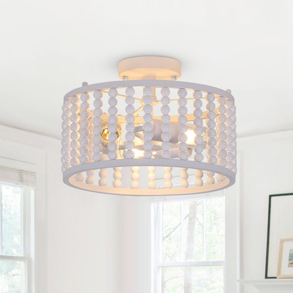 Thehouselights-3 Light Wood Beaded Round Semi Flush Mount-Ceiling Light-White-