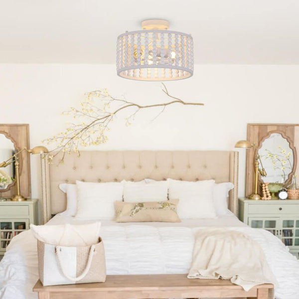Thehouselights-3 Light Wood Beaded Round Semi Flush Mount-Ceiling Light-White-