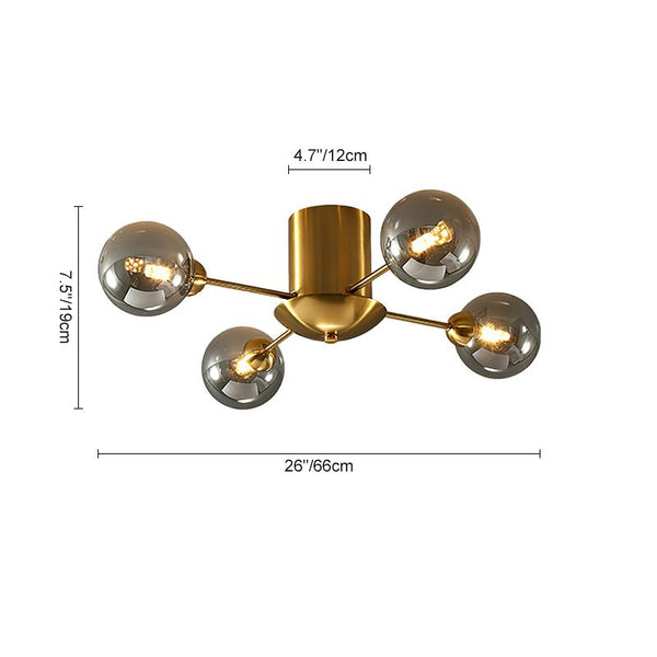 Thehouselights-4 Light Smoke Gray Glass Globe Sputnik LED Semi Flush Mount-Ceiling Light--