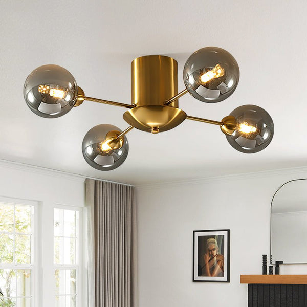 Thehouselights-4 Light Smoke Gray Glass Globe Sputnik LED Semi Flush Mount-Ceiling Light--