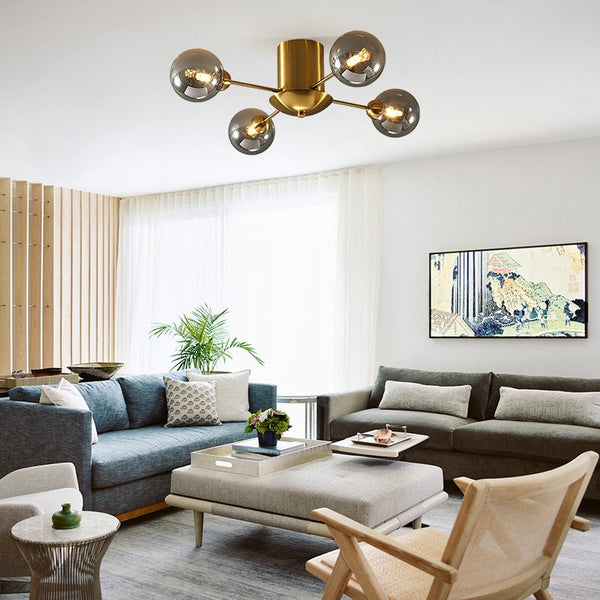 Thehouselights-4 Light Smoke Gray Glass Globe Sputnik LED Semi Flush Mount-Ceiling Light--