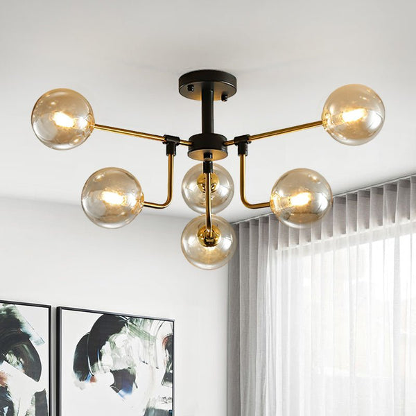 Thehouselights-6 Light Amber Glass Sputnik Semi Flush Mount-Ceiling Light--