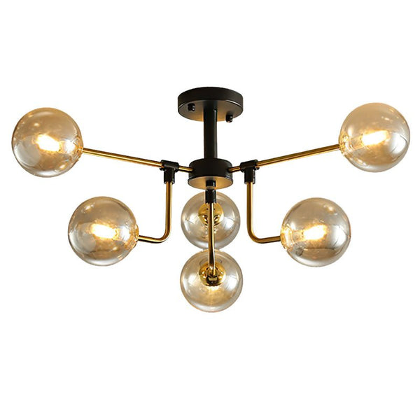 Thehouselights-6 Light Amber Glass Sputnik Semi Flush Mount-Ceiling Light--