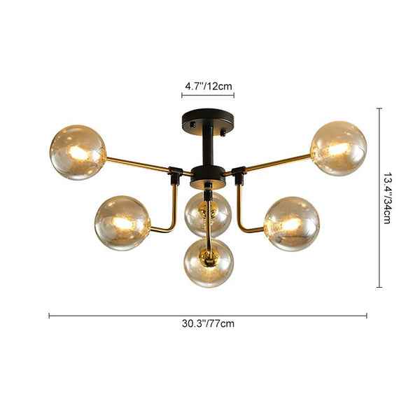 Thehouselights-6 Light Amber Glass Sputnik Semi Flush Mount-Ceiling Light--