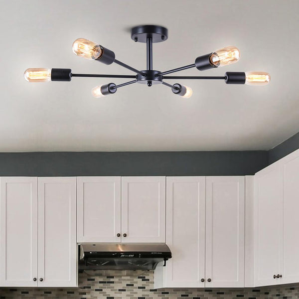 Thehouselights-6-Light Sputnik Semi Flush Ceiling Light-Flush Mount-Black-