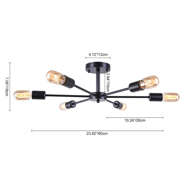 Thehouselights-6-Light Sputnik Semi Flush Ceiling Light-Flush Mount-Black-