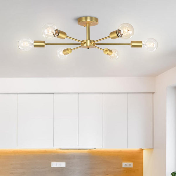 Thehouselights-6-Light Sputnik Semi Flush Ceiling Light-Flush Mount-Black-