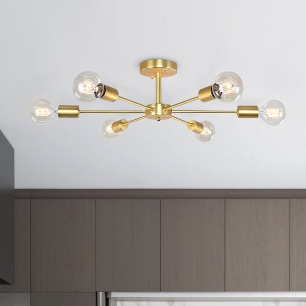 Thehouselights-6-Light Sputnik Semi Flush Ceiling Light-Flush Mount-Gold-