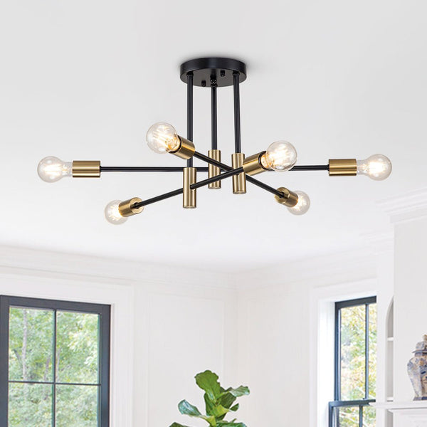 Thehouselights-6/8 Light Black Sputnik Semi Flush Mount-Ceiling Light-6-Light-