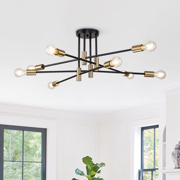 Thehouselights-6/8 Light Black Sputnik Semi Flush Mount-Ceiling Light-8-Light-