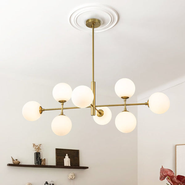 Thehouselights-8-Light Linear Opal Glass Chandelier-Chandelier-Brass-