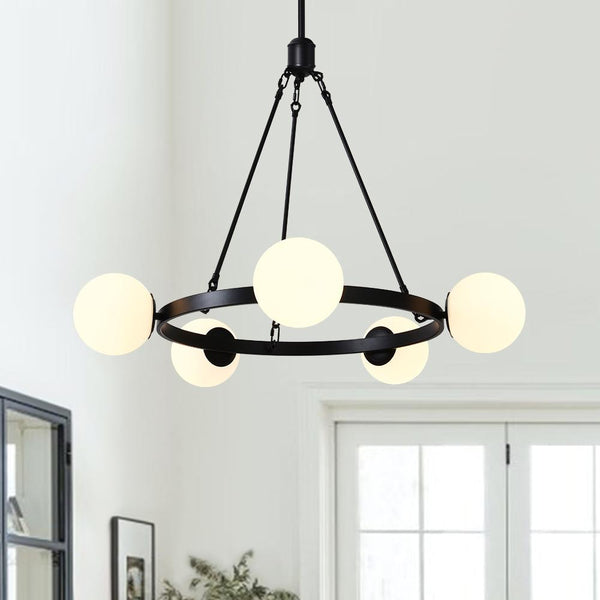 Thehouselights-Adjustable Milk Glass Globes Black Chandelier-Chandelier--