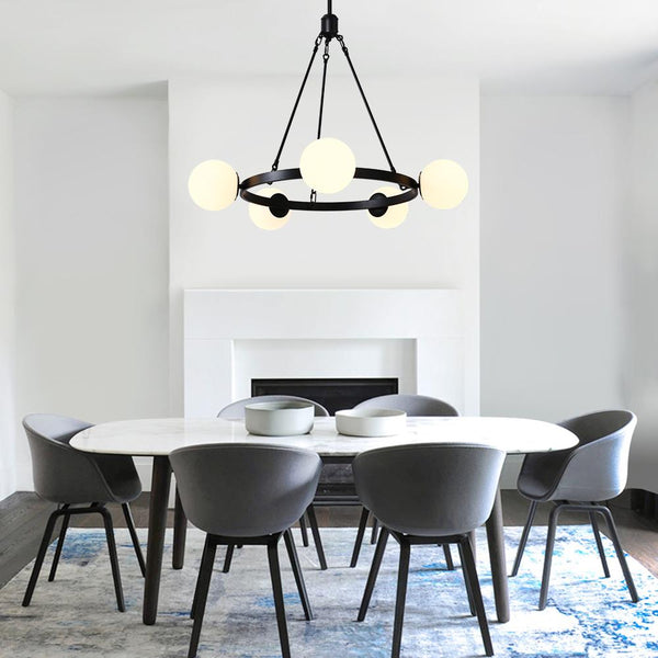 Thehouselights-Adjustable Milk Glass Globes Black Chandelier-Chandelier--