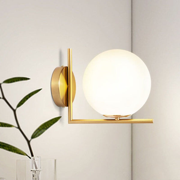 Thehouselights-Antique Brass Blown Opal Glass Globe Wall Light Fixture-Wall Lights--