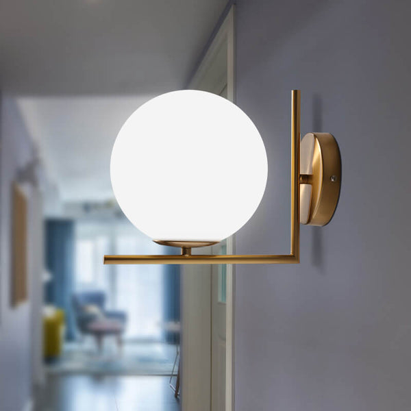 Thehouselights-Antique Brass Blown Opal Glass Globe Wall Light Fixture-Wall Lights--