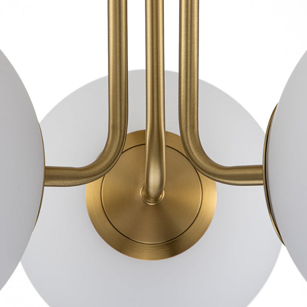 Thehouselights-Brass Sputnik Semi Flush Mount with Frosted Opal Globe-Ceiling Light--