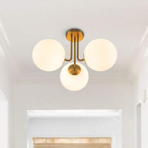 Thehouselights-Brass Sputnik Semi Flush Mount with Frosted Opal Globe-Ceiling Light--