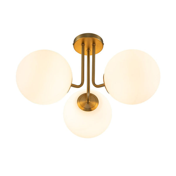 Thehouselights-Brass Sputnik Semi Flush Mount with Frosted Opal Globe-Ceiling Light--
