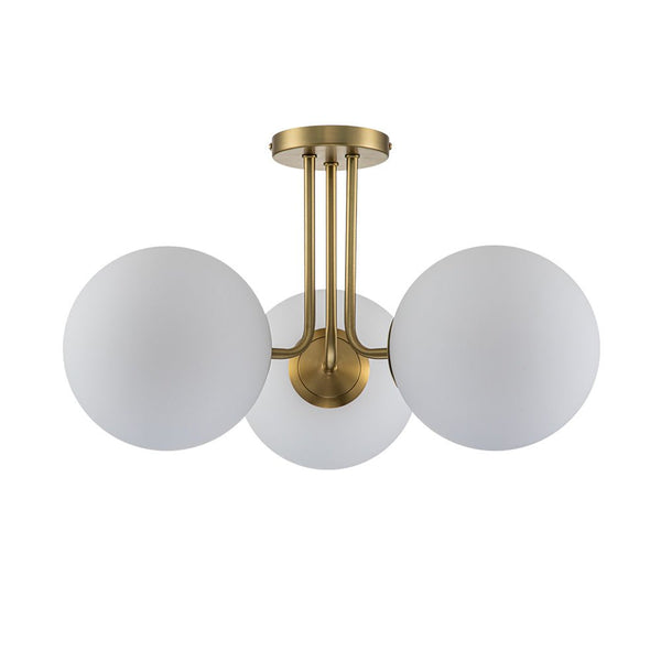 Thehouselights-Brass Sputnik Semi Flush Mount with Frosted Opal Globe-Ceiling Light--