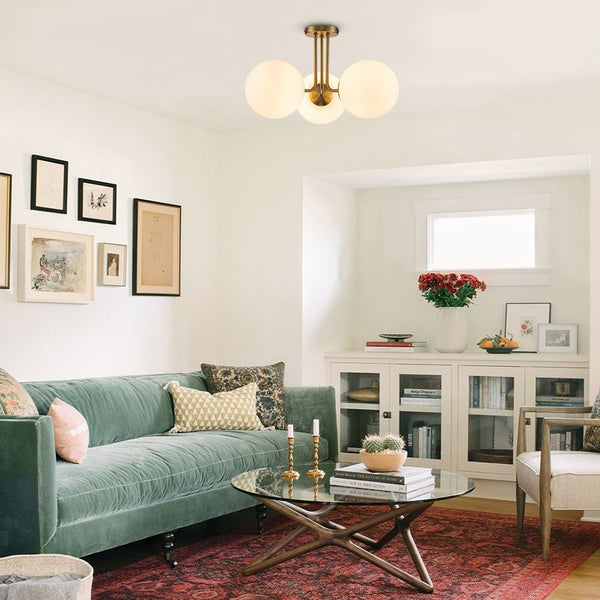 Thehouselights-Brass Sputnik Semi Flush Mount with Frosted Opal Globe-Ceiling Light--