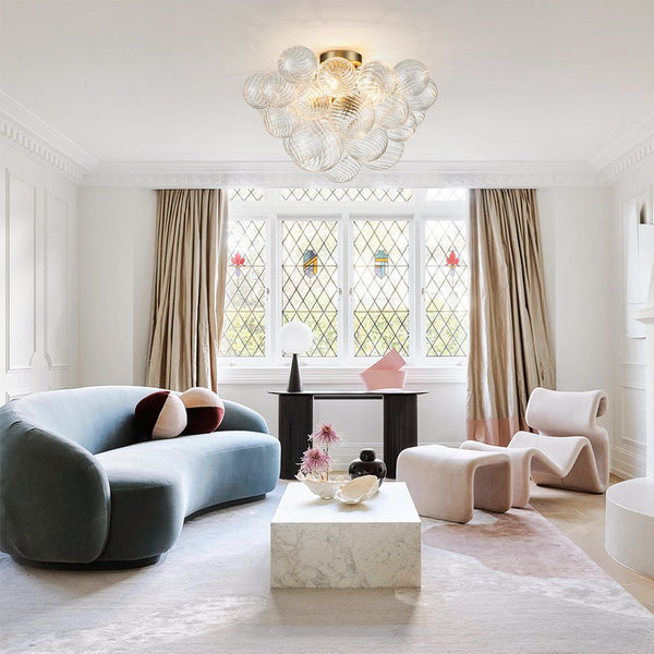 Thehouselights-Cluster Glass Bubble Semi Flush Chandelier-Ceiling Light-Brass-