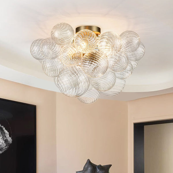 Thehouselights-Cluster Glass Bubble Semi Flush Chandelier-Ceiling Light-Brass-