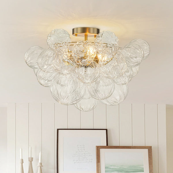 Thehouselights-Cluster Petal Glass Bubble Semi Flush Chandelier-Ceiling Light-Brass-