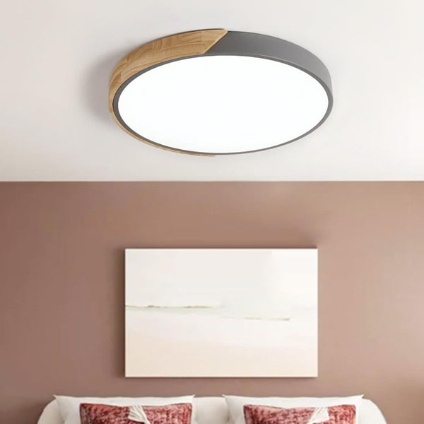 Thehouselights-Dimmable Metal and Wood Circle Flush Mount Ceiling Light-Flush Mount-Grey-11 in.