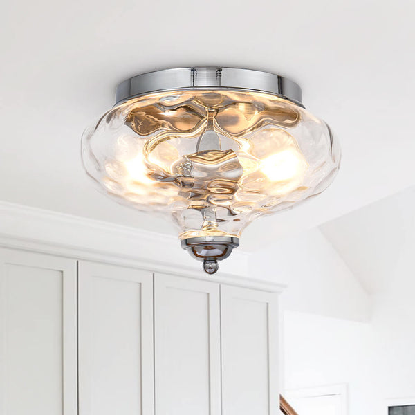Thehouselights-Hammered Glass Bowl Ceiling Light in Chrome-Flush Mount--