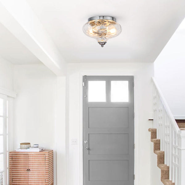 Thehouselights-Hammered Glass Bowl Ceiling Light in Chrome-Flush Mount--