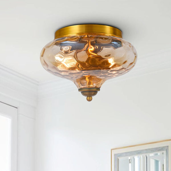 Thehouselights-Hammered Glass Bowl Ceiling Light in Gold-Flush Mount--