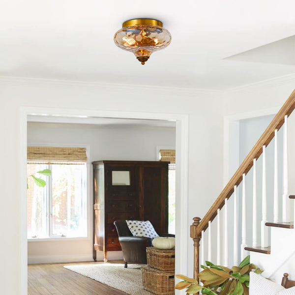 Thehouselights-Hammered Glass Bowl Ceiling Light in Gold-Flush Mount--