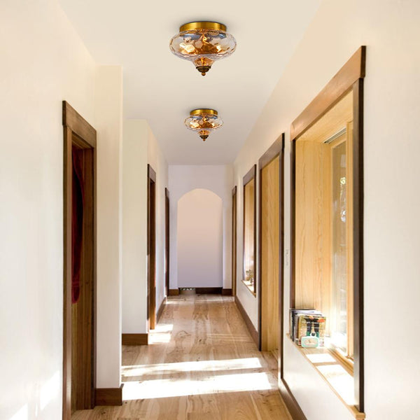 Thehouselights-Hammered Glass Bowl Ceiling Light in Gold-Flush Mount--