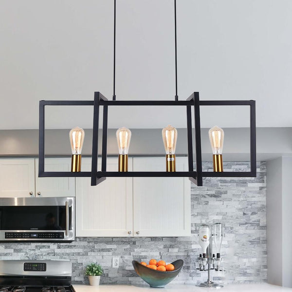 Thehouselights-Mid-Century Black Geometric Rectangle Chandelier-Chandelier-4 Bulbs-
