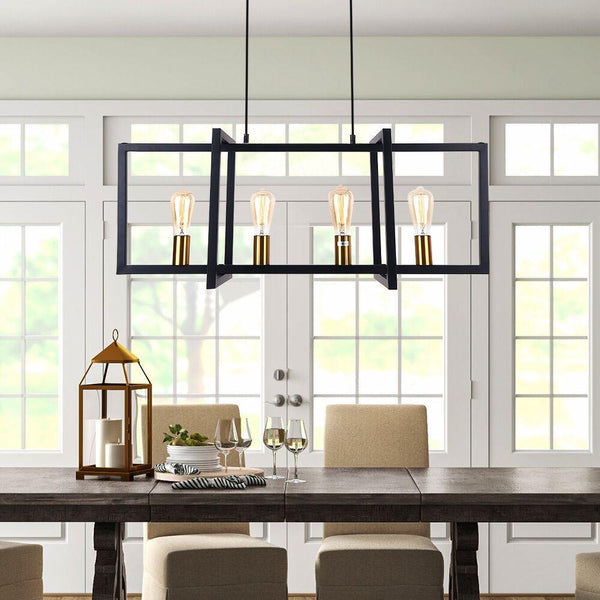 Thehouselights-Mid-Century Black Geometric Rectangle Chandelier-Chandelier-4 Bulbs-
