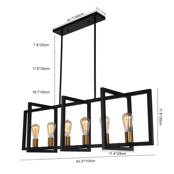 Thehouselights-Mid-Century Black Geometric Rectangle Chandelier-Chandelier-4 Bulbs-