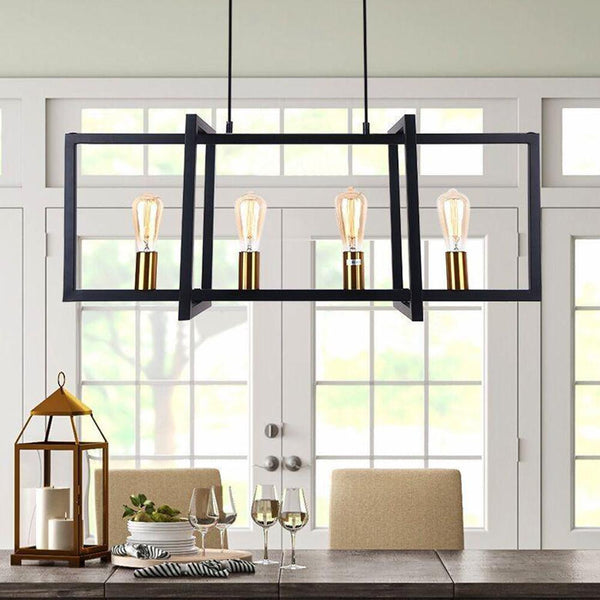 Thehouselights-Mid-Century Black Geometric Rectangle Chandelier-Chandelier-6 Bulbs-