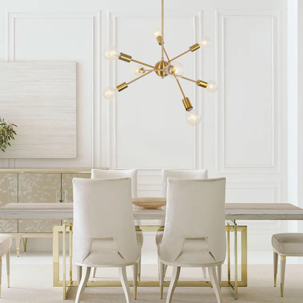 Thehouselights-Mid-Century Modern Linear Sputnik Chandelier-Chandelier-8 Bulbs-Brass