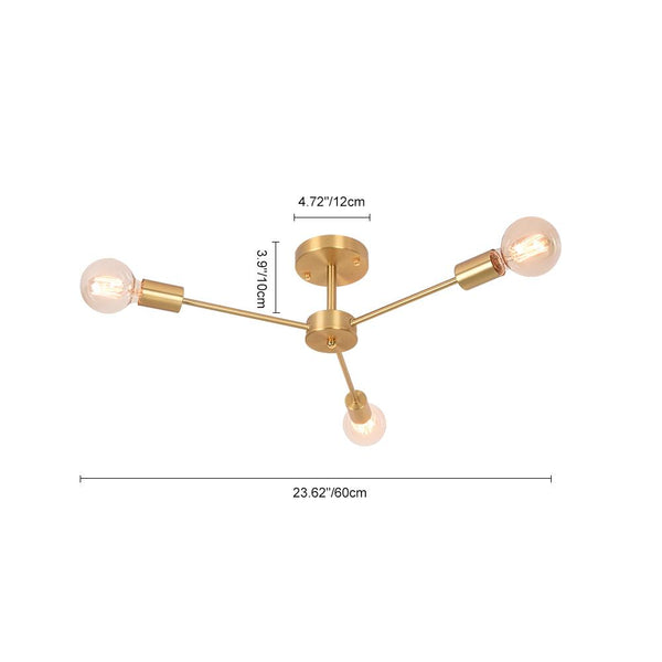 Thehouselights-Mid-Century Sputnik Brass Semi Flush Mount Chandelier-Flush Mount-3 Bulbs-