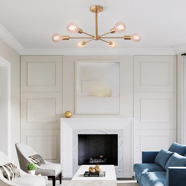 Thehouselights-Mid-Century Sputnik Brass Semi Flush Mount Chandelier-Flush Mount-3 Bulbs-