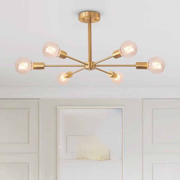 Thehouselights-Mid-Century Sputnik Brass Semi Flush Mount Chandelier-Flush Mount-6 Bulbs-