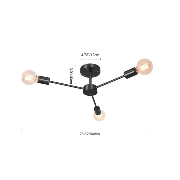 Thehouselights-Mid-Century Sputnik Brass Semi Flush Mount Chandelier-Flush Mount-3 Bulbs-Black